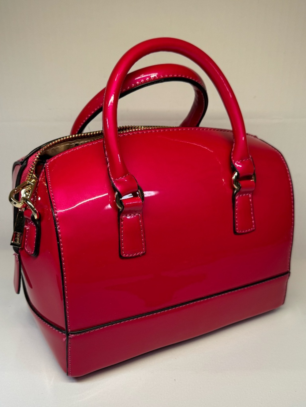 Hot Pink Patent Satchel Crossbody Bag Structured Top Handle Bow Lining